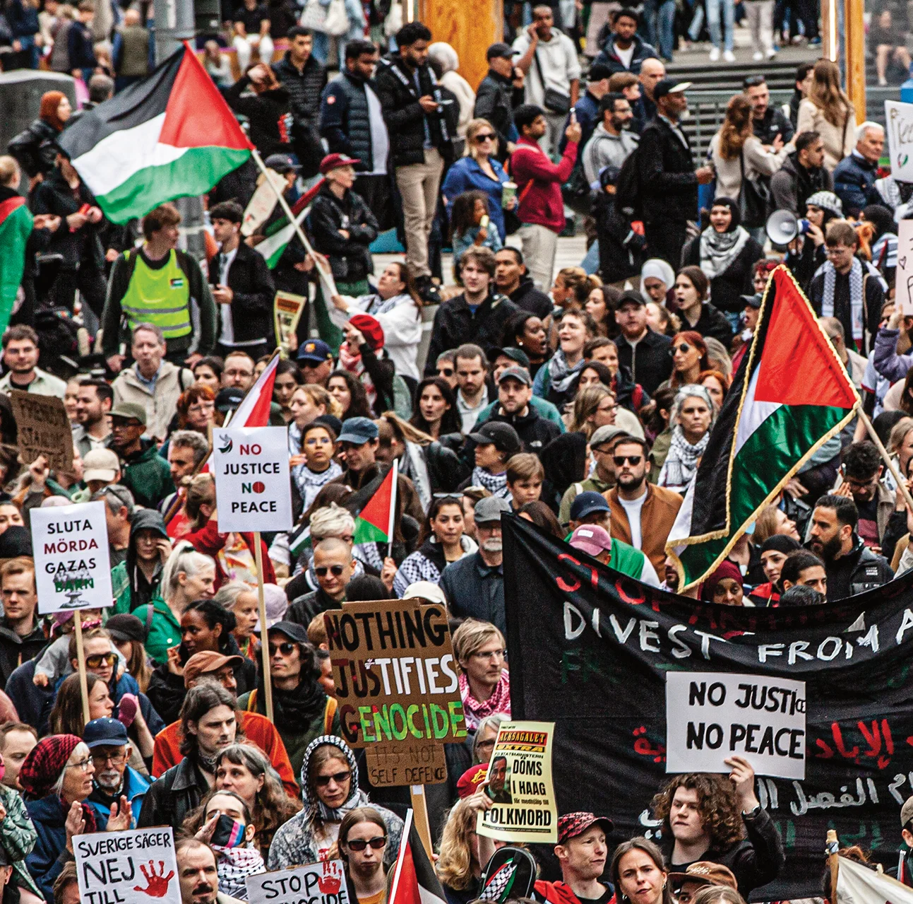 Stor demonstration med palestinaflaggor och plakat, bland annat ”No justice, no peace”.